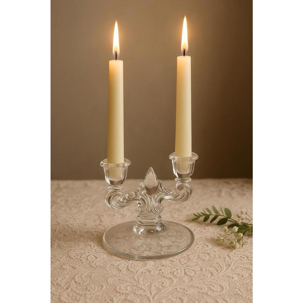 New Martinsville USA 1930s Florentine Etched Double Candle Holder, 7 x 5 in